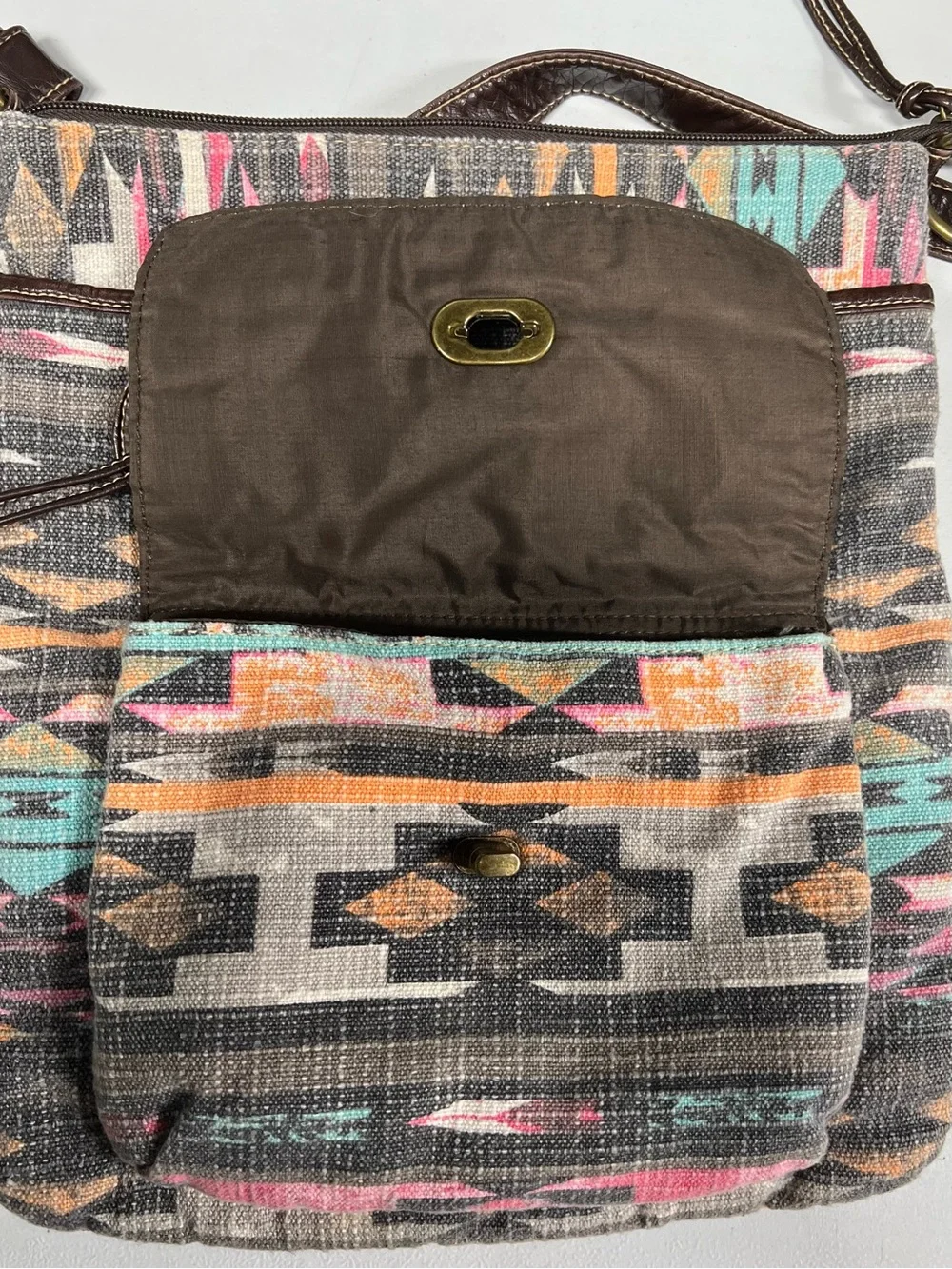 Maurices Boho Aztec Crossbody Bag Brown Faux Leather Geometric Purse